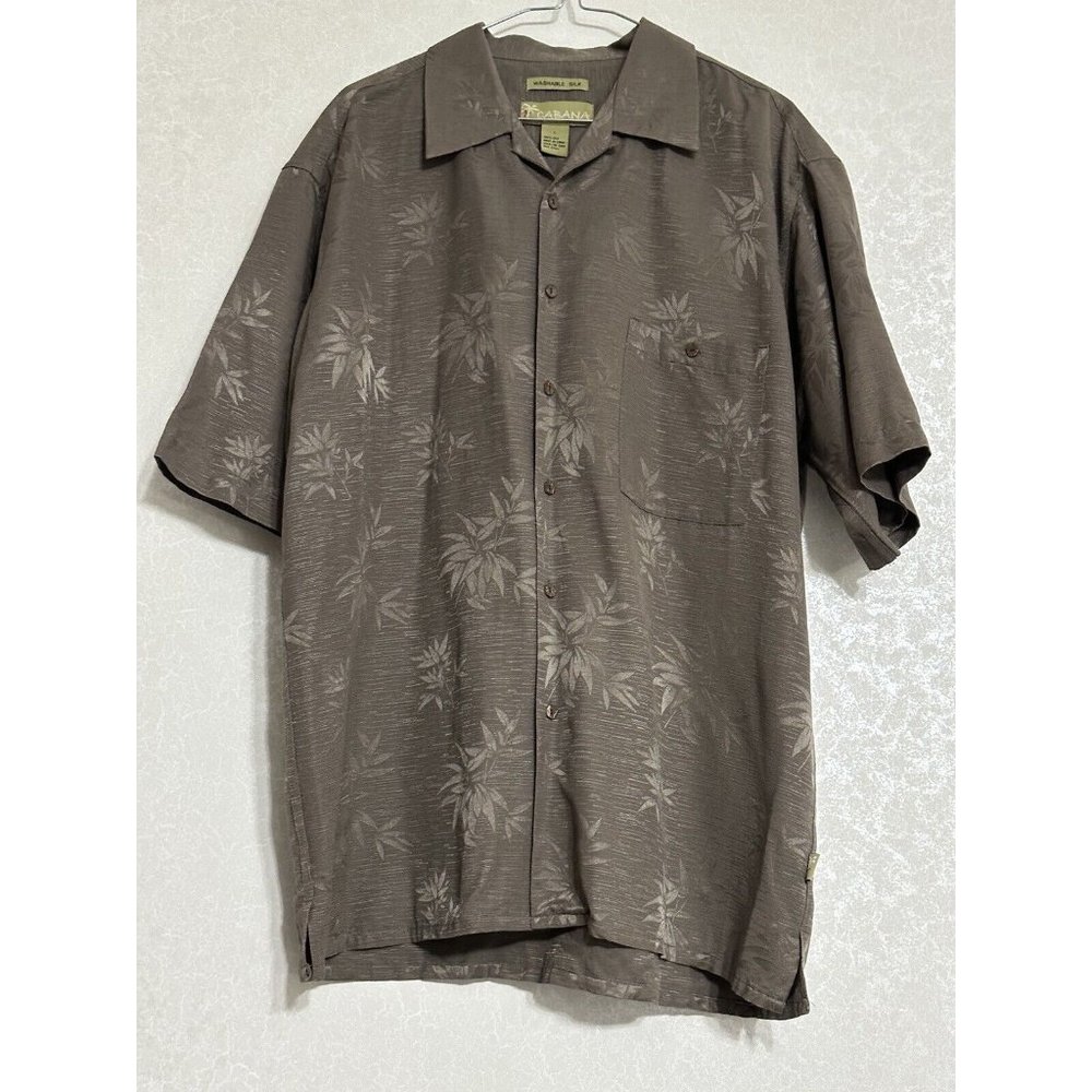 Cabana 100% Silk Hawaiian Floral Button Up Shirt Short Sleeve Camp Shirt Brown L